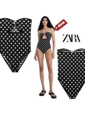 Zara black white polkadot knit strapless O-ring cut out swimsuit bodysuit XS/S🔥